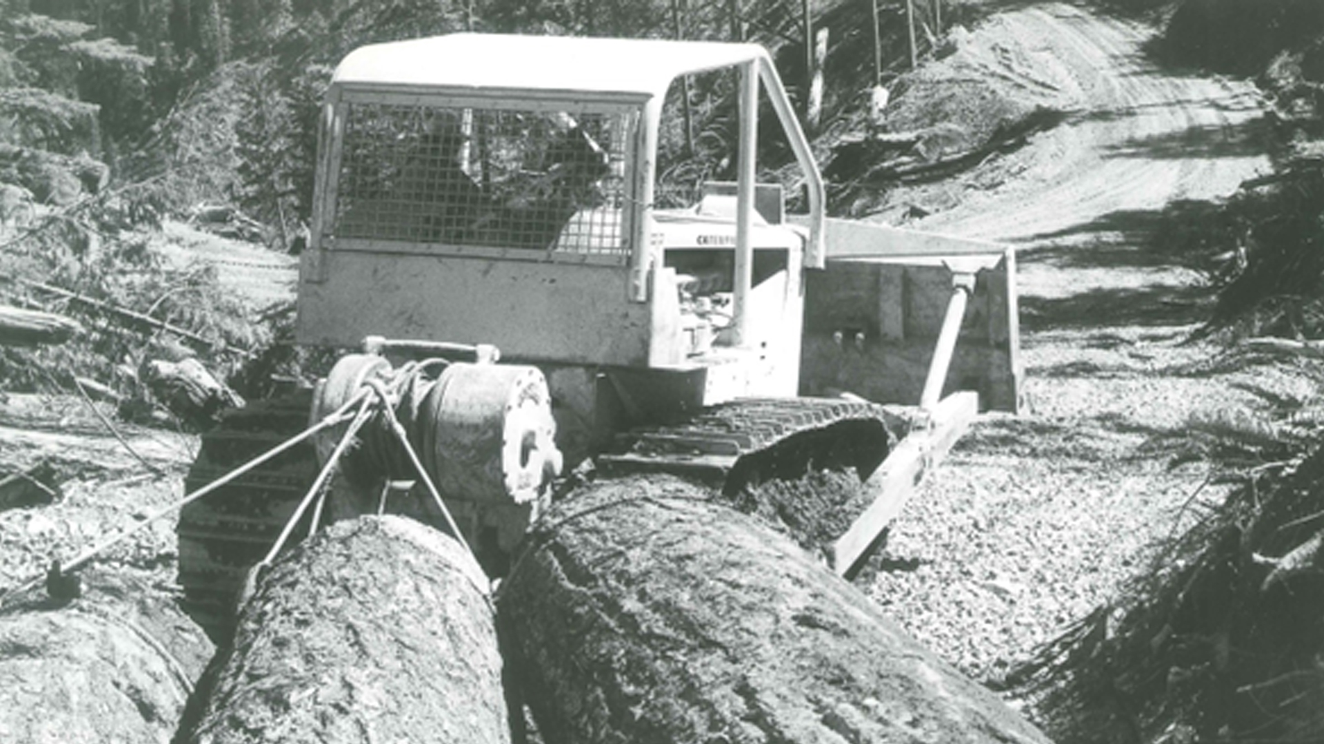 D8 14A with Hyster winch hauling logs to load-out