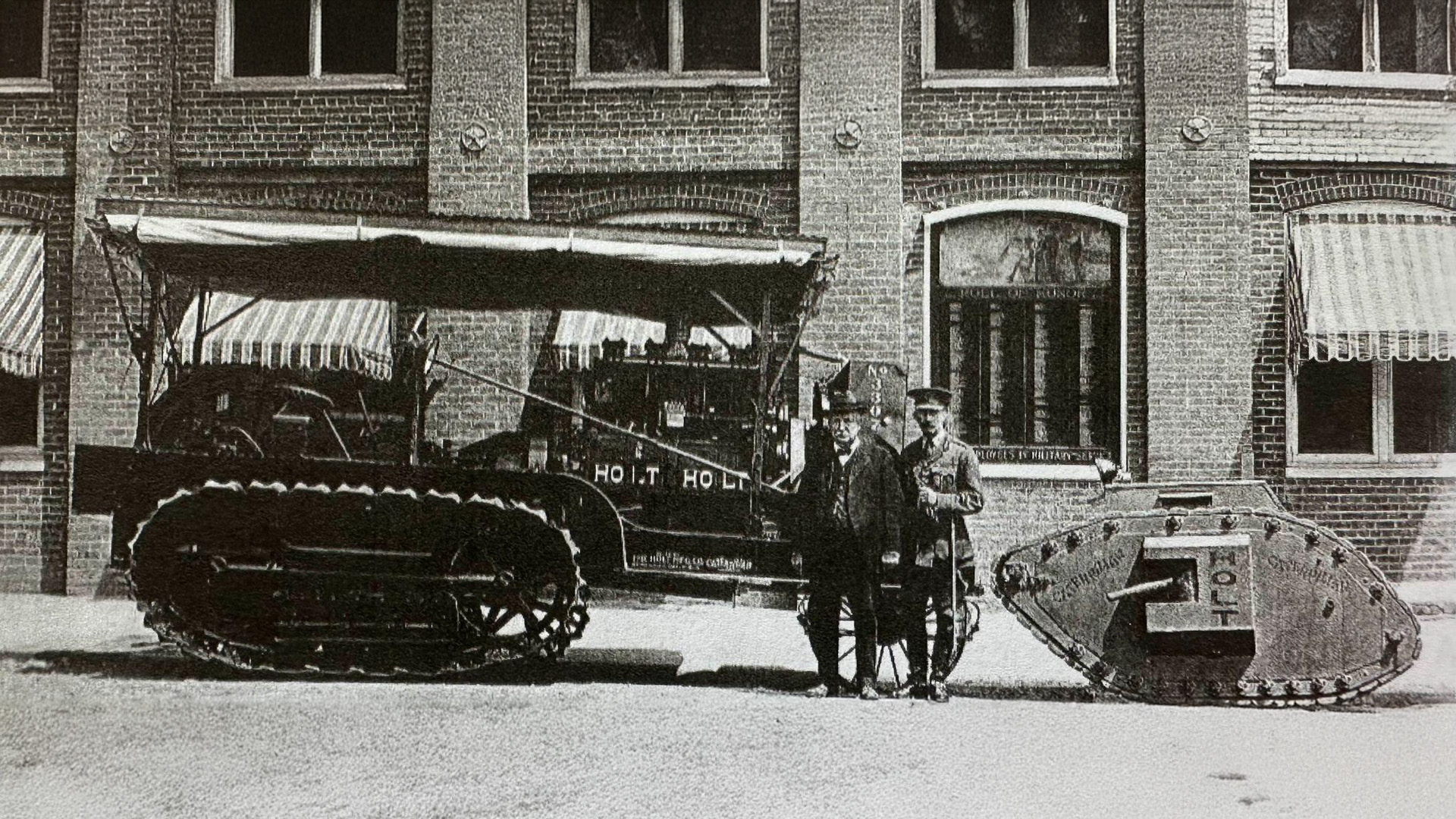 Benjamin Holt (left) pictured with Gen. Ernest Swinton pictured with Stockton Holt 75 No.3307 and Holt H.A. 36 Tank Prototype. Stockton, California, 1918. Photo Credit: The Holt Brothers by Jack Alexander